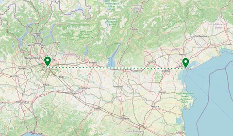 Kaart met de route van Venetië naar Milaan