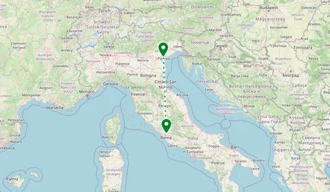 Kaart met de route van Venetië naar Rome