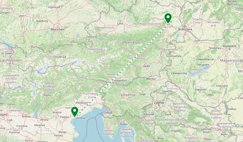 Kaart met de route van Venetië naar Wenen