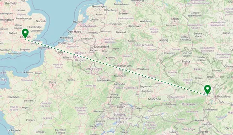Kaart met de route van Wenen naar Londen