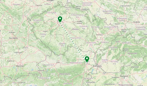 Kaart met de route van Wenen naar Praag