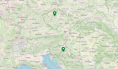 Kaart met de route van Zagreb naar Prague