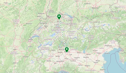 Kaart met de route van Zürich naar Milaan