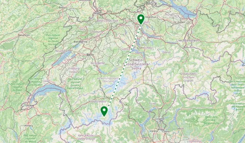 Kaart met de route van Zürich naar Zermatt