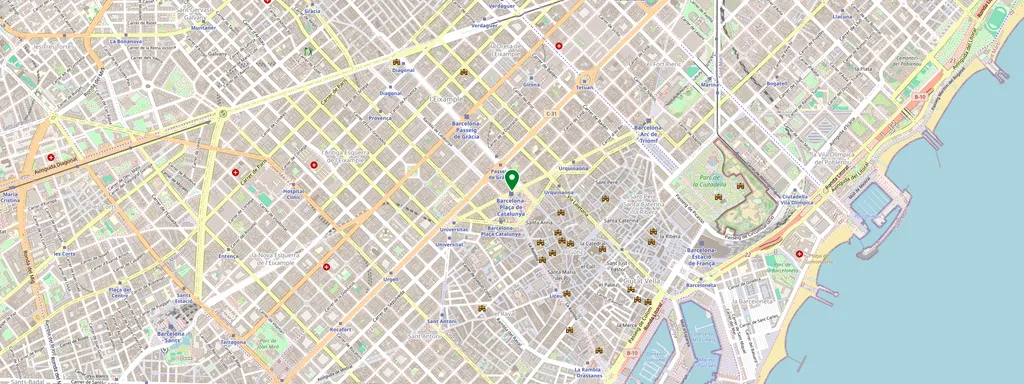 Karta som visar var Barcelona Plaça de Catalunya ligger