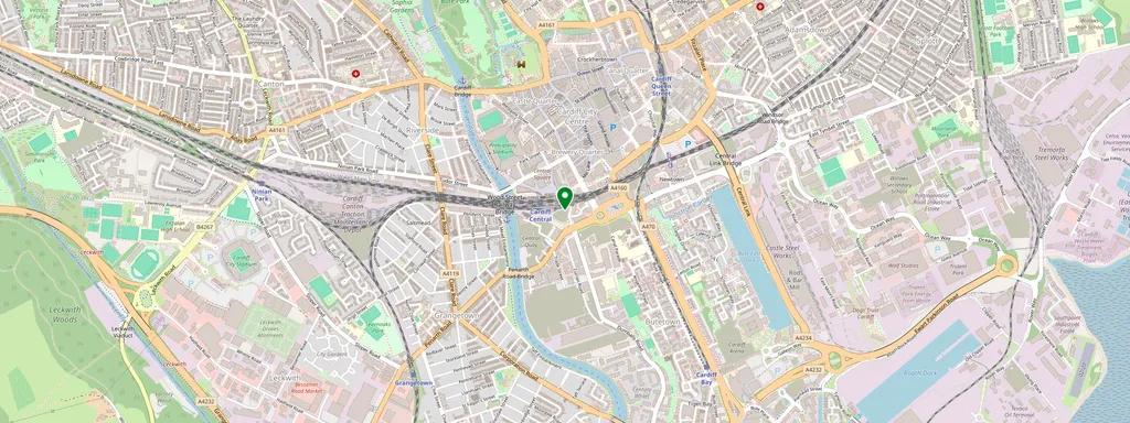 Karta som visar var Cardiff Central ligger