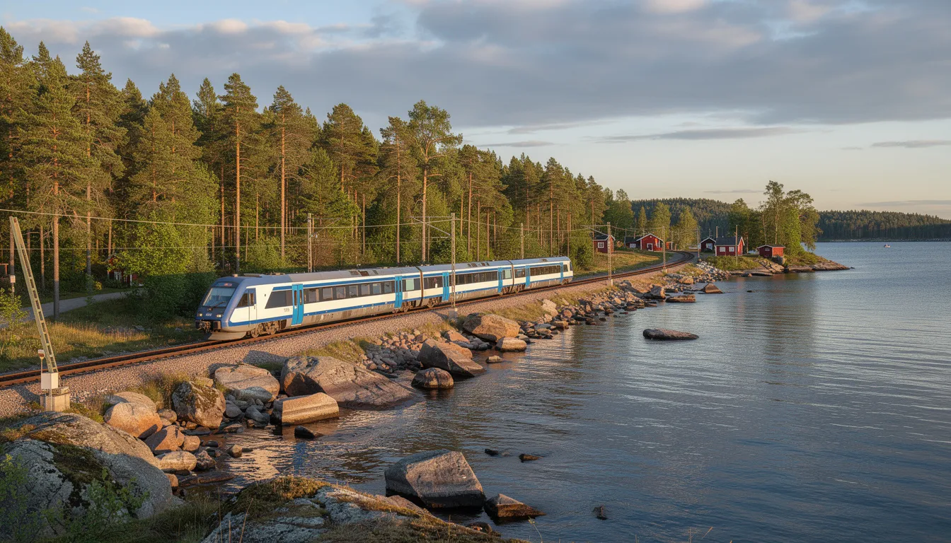 Eurail One Country Pass A Swedish train is traveling along a scenic coastal route, surrounded by lush forests in the background, showcasing the beauty of the landscape perfect for travelers using a Eurail one country pass to explore this region. The image captures the essence of a picturesque train ride, inviting viewers to imagine the journey through Sweden's stunning scenery.