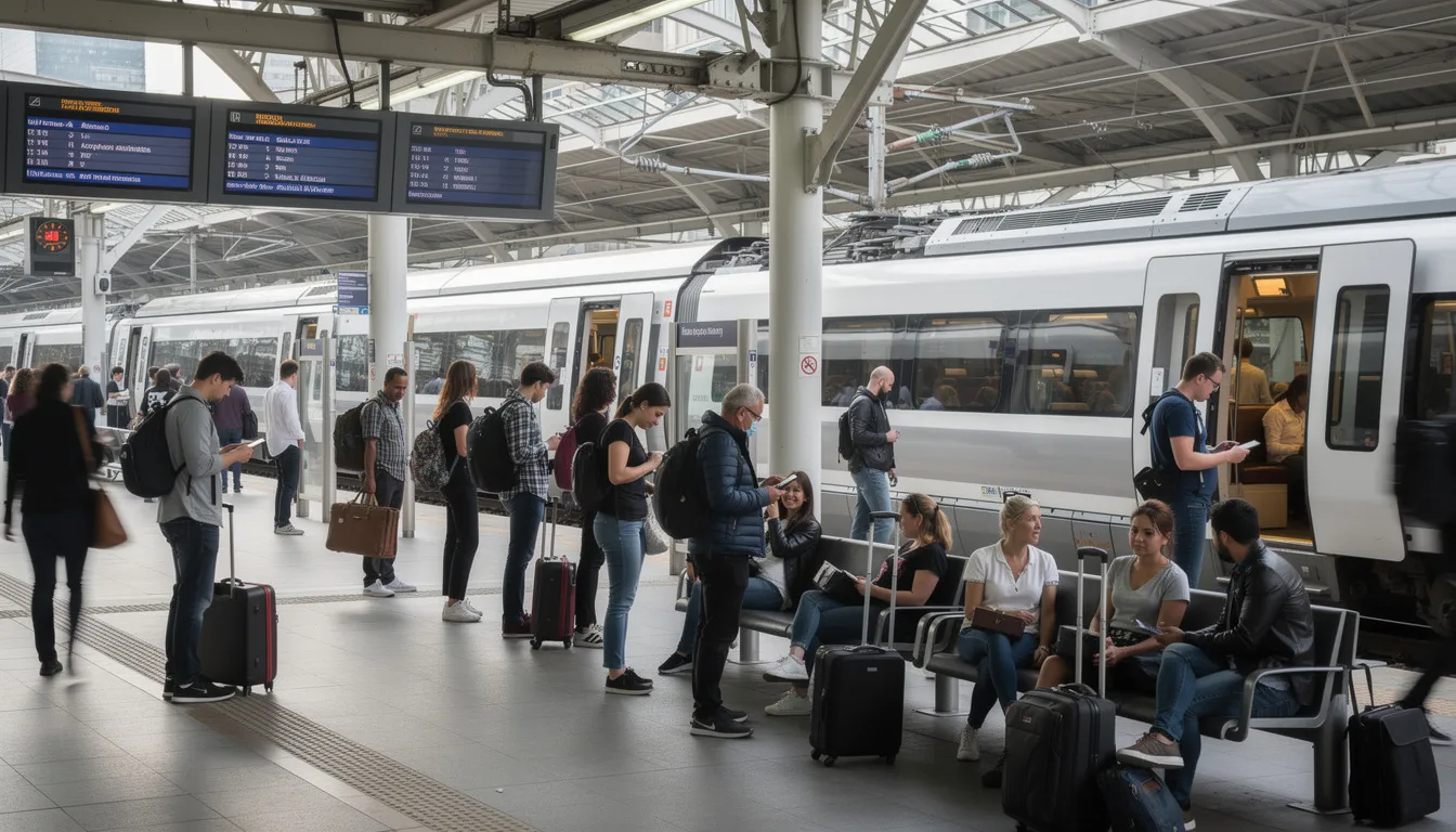 Trains in Poland A busy railway platform in Poland features passengers waiting for their trains, with a modern commuter train visible in the background. This scene captures the hustle of train travel, highlighting the importance of train tickets and seat reservations for journeys to major cities like Warsaw and Krakow.