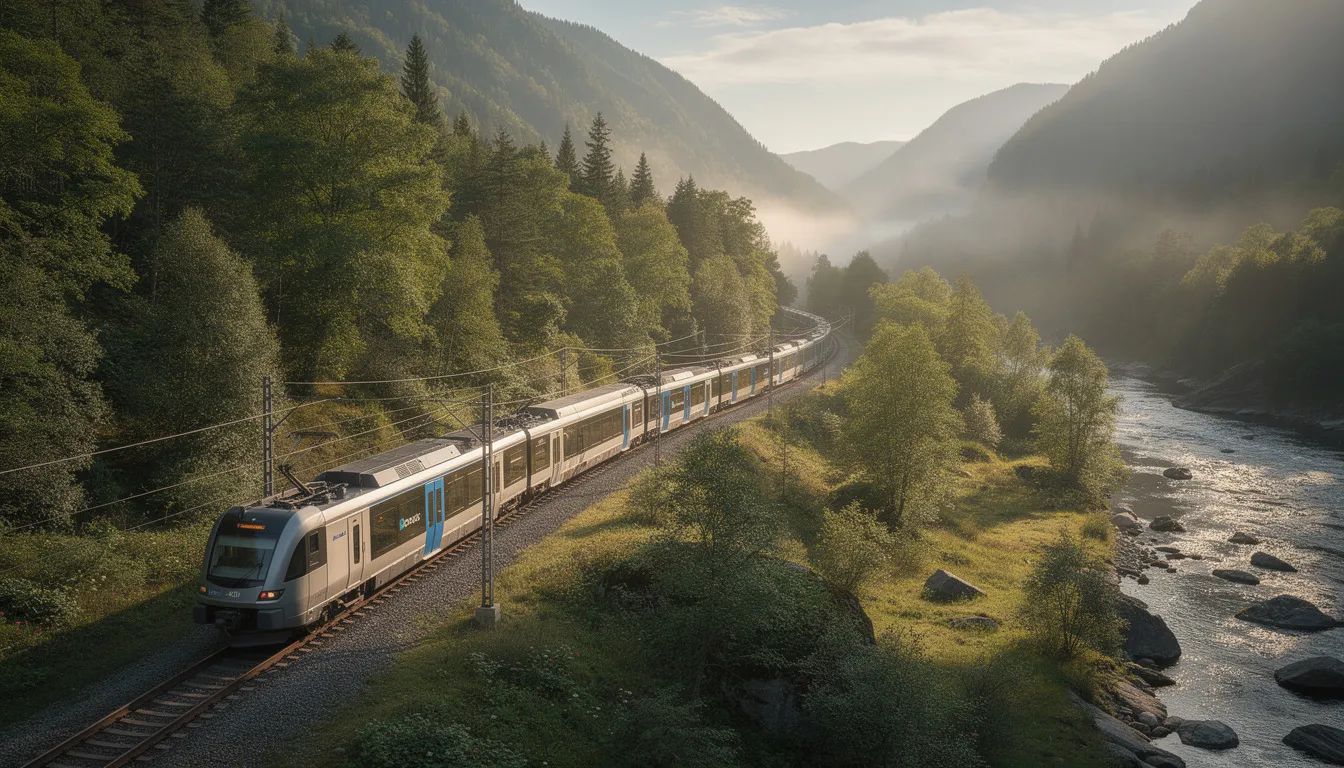Trains in Slovakia An electric train travels through a picturesque forested mountain valley, showcasing the scenic beauty of Slovakia's railway network. This journey highlights the connection between smaller towns and the natural landscape, making train travel a comfortable and enjoyable option for exploring the Slovak Republic.