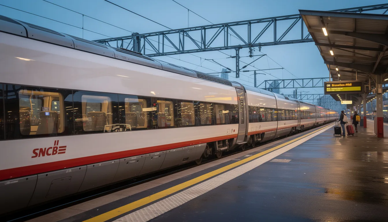 Trains in Belgium A modern high-speed Eurostar train is stationed at the platform of Brussels, ready for its international journey connecting major cities like Paris and London. The bustling atmosphere of the station reflects the ease of making multiple train journeys across Belgium and neighboring countries.