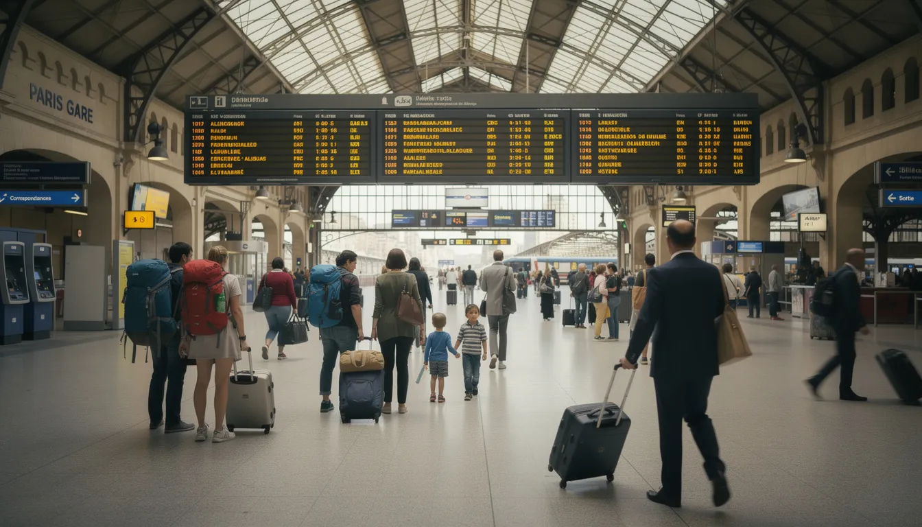 Interrail in France The image depicts a bustling railway station concourse in central Paris, filled with travelers carrying luggage as they check departure boards for high speed trains and intercity trains. The atmosphere is lively, reflecting the excitement of train travel across France and beyond, with many passengers likely using their interrail passes for international journeys.
