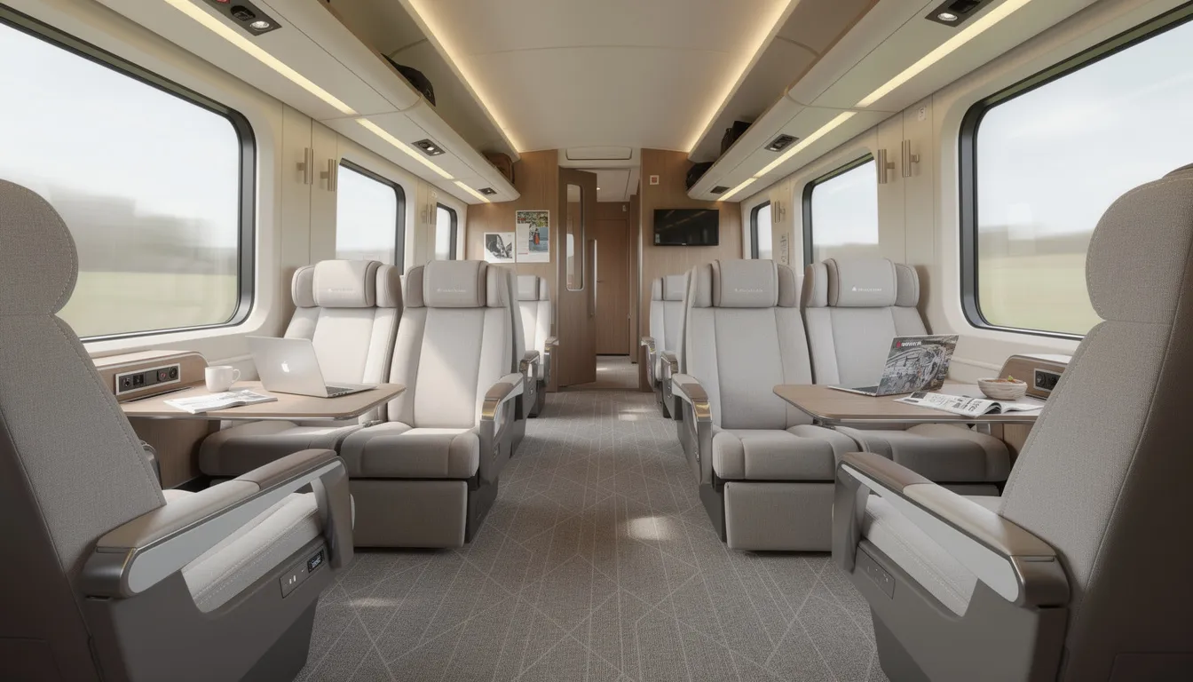 Brit Rail Pass: Unlimited Train Travel in Britain The image depicts the interior of a comfortable first class train carriage, featuring spacious seating with plush upholstery and ample legroom, ideal for enjoying a relaxing journey across Great Britain. This inviting atmosphere is perfect for travelers using a Britrail pass to explore destinations in England, Scotland, and Wales.