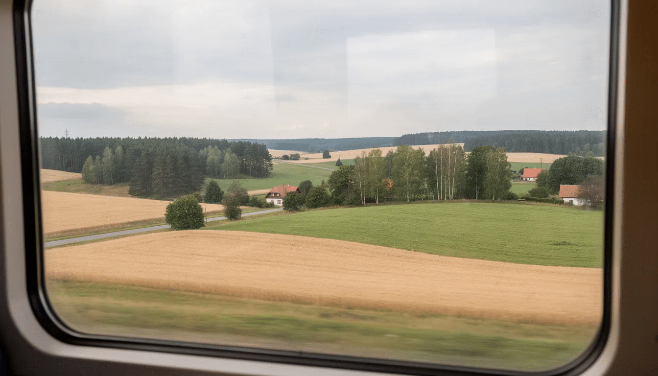 Interrail i Polen Bilden fångar den fridfulla polska landsbygden, som visar livliga fält och frodiga skogar som ses genom fönstret på ett tåg, perfekt för dem som reser med ett interrailpass i Polen. Landskapet återspeglar skönheten i de regionala tåg som trafikerar detta pittoreska landskap och förbinder olika större städer.