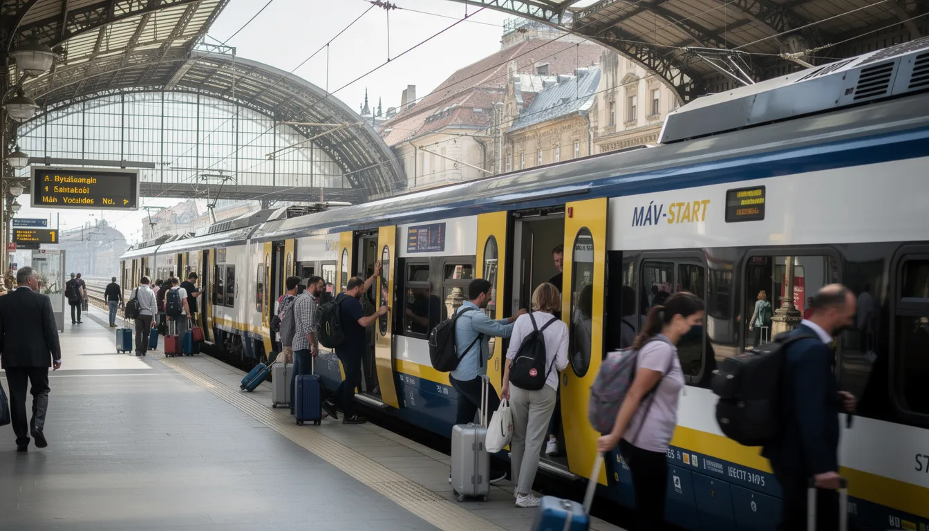 Trains in Hungary A modern Hungarian train is seen at the Budapest Keleti railway station platform, with passengers boarding and preparing for their journey. This bustling scene highlights Hungary's national railway company and the vibrant atmosphere of train travel in Hungary, connecting major cities and international routes.