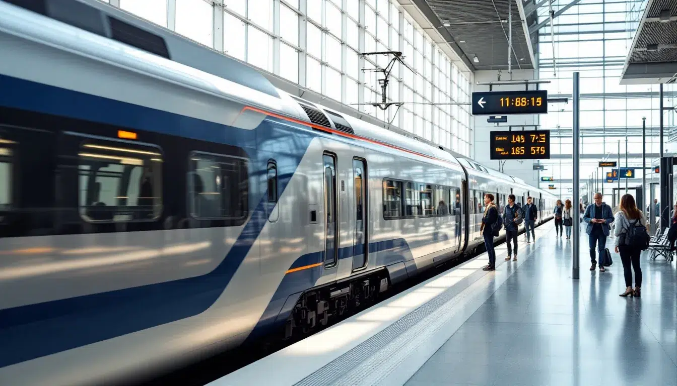 Eurail Pass A sleek European high-speed train is stationed at a modern platform, with travelers eagerly waiting to board and embark on their journeys across various countries. The scene captures the essence of train travel in Europe, showcasing the convenience of options like the Eurail Pass for exploring multiple destinations.