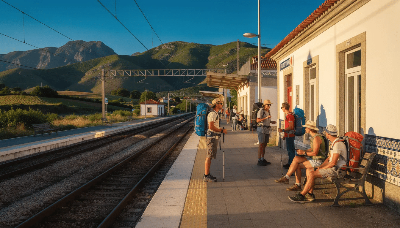 A group of travelers with backpacks waits on a sunny Portuguese train platform, surrounded by stunning mountains in the background, as they prepare for their journey through Portugal with their interrail passes. The scene captures the excitement of exploring beautiful cities and attractions in Europe.