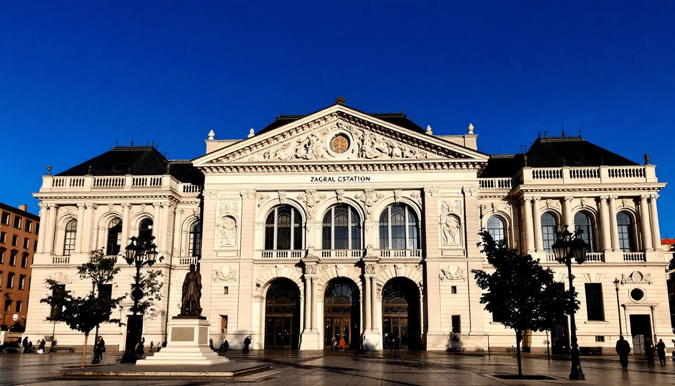 Trains in Croatia The image depicts the exterior of Zagreb's central train station, showcasing its classic European architectural style with ornate details and a grand facade. This iconic train station serves as a hub for various international train routes, connecting Croatia's major cities and beyond.