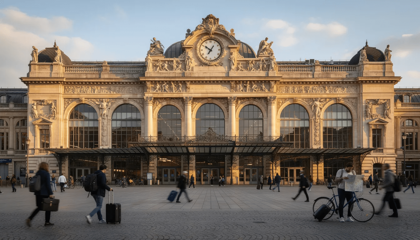 Interrail i Ungern Bilden visar fasaden på en historisk europeisk järnvägsstation med intrikat barockarkitektur, med folk som går i förgrunden. Scenen fångar kärnan i tågresande i Ungern, ett centraleuropeiskt land, där besökare kan utforska destinationer som Budapest och njuta av skönheten längs Donau.