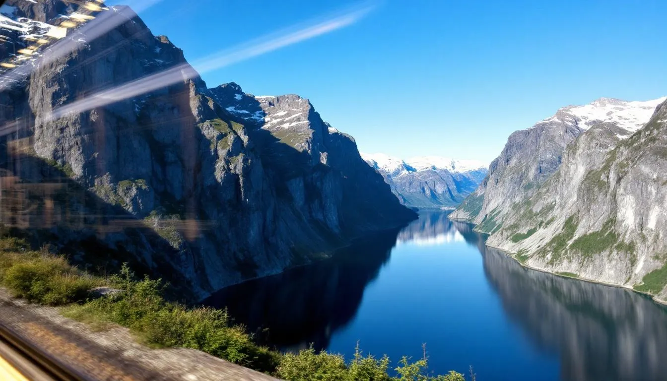 Trains in Norway A scenic view from a train window showcases the breathtaking Norwegian fjords and majestic mountain peaks, highlighting the stunning landscapes accessible via the Norwegian railway system. This picturesque journey captures the essence of travel through Norway's natural beauty, making it a memorable experience for passengers on local and long-distance trains.
