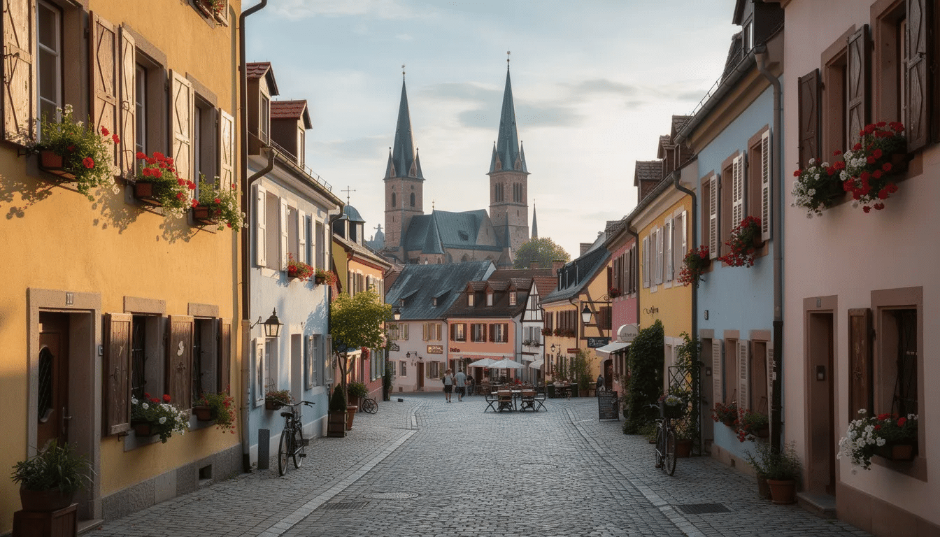 Interrail i Lettland Bilden visar en pittoresk europeisk gammal stad med charmiga kyrktorn, slingrande kullerstensgatorna och livliga historiska byggnader som skapar en inlevelsefull upplevelse av kultur och historia. Scenen representerar ett UNESCO-världsarv, perfekt för resenärer som utforskar Lettland och Baltikum.