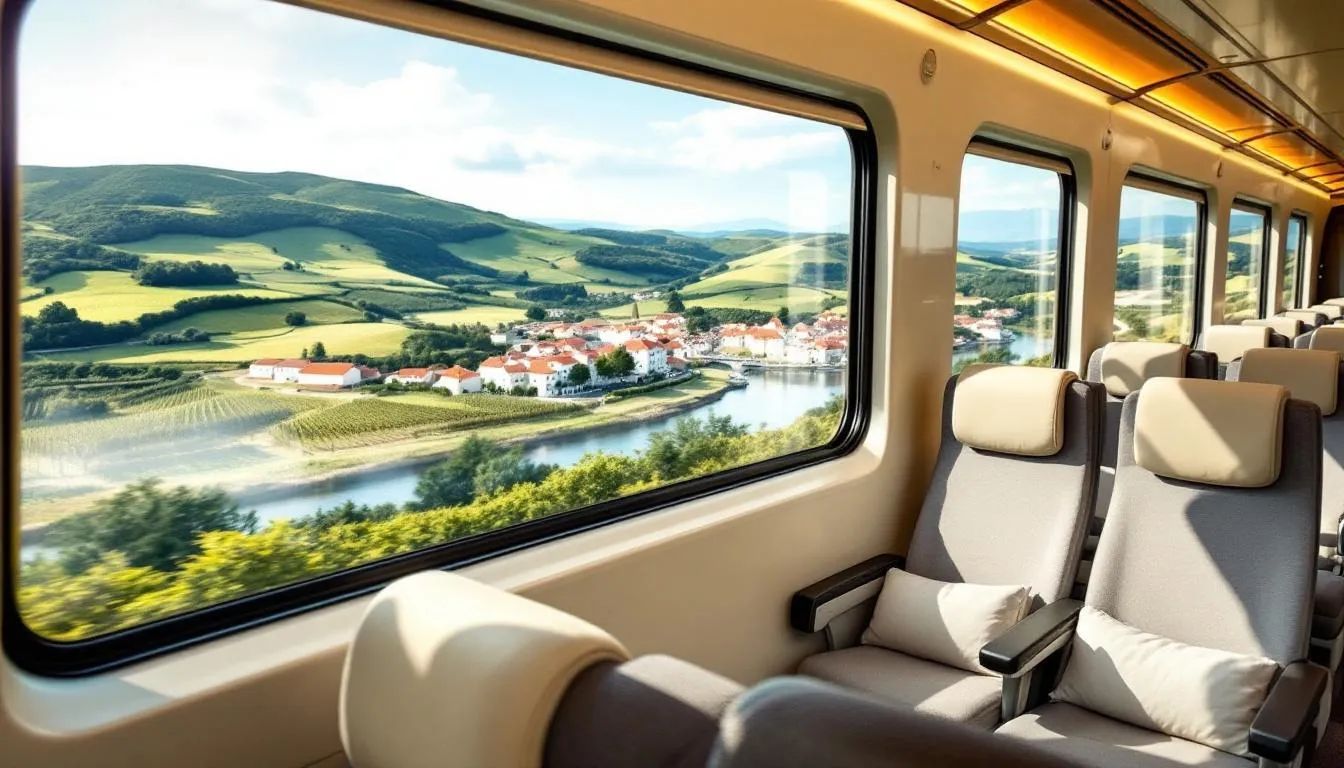 Trains in Portugal The image depicts a comfortable interior of a modern train in Portugal, featuring spacious seating and large windows that offer a stunning view of the picturesque Portuguese countryside. This inviting atmosphere is perfect for enjoying scenic train journeys across the country's regional and intercity routes.
