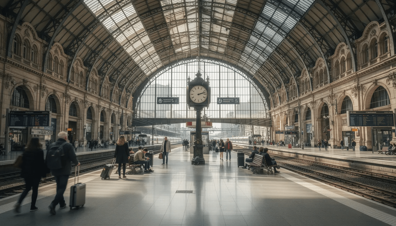 Interrail i Ungern Bilden visar interiören i en stor europeisk järnvägsstation med ett imponerande välvt glastak och livliga plattformar fyllda med passagerare. Denna livliga scen framhäver kärnan i tågresande i Centraleuropa, där besökare kan ge sig ut på resor till olika destinationer, inklusive Ungerns huvudstad Budapest.
