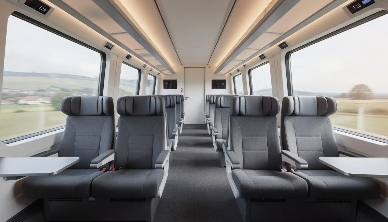 Europe Bullet Train: High-Speed Rail Guide for 2026 The image depicts the interior of a modern European high-speed train's first-class carriage, featuring comfortable grey seats and large windows that offer a view of the passing landscape. This luxurious setting provides an ideal environment for passengers to enjoy their high-speed travel experience while connecting major cities across the continent.