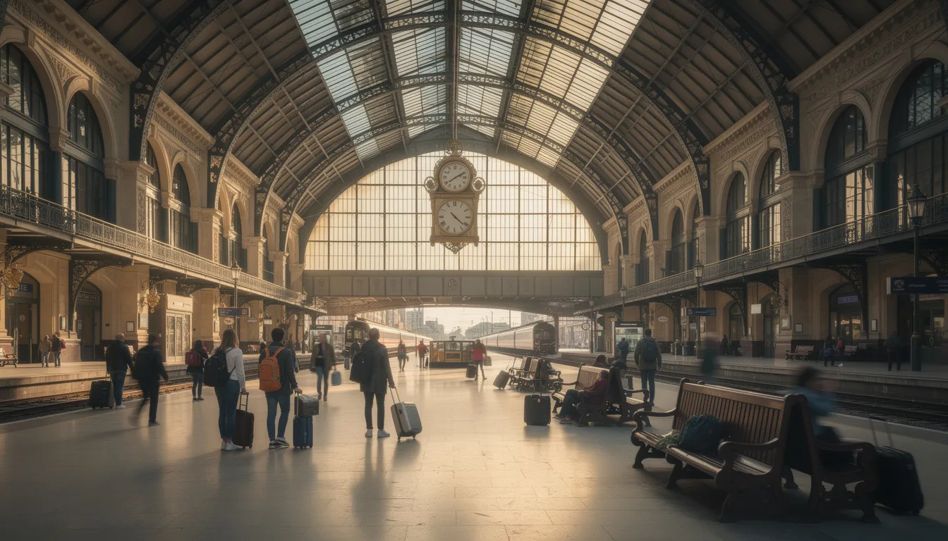 Top Europe Train Tours: Explore Scenic Journeys Across the Continent The image depicts the grand interior of a historic European train station, featuring an arched glass ceiling that allows natural light to flood the space. Travelers bustle below, creating a vibrant atmosphere that reflects the charm of iconic cities and the excitement of embarking on scenic train routes across Europe.