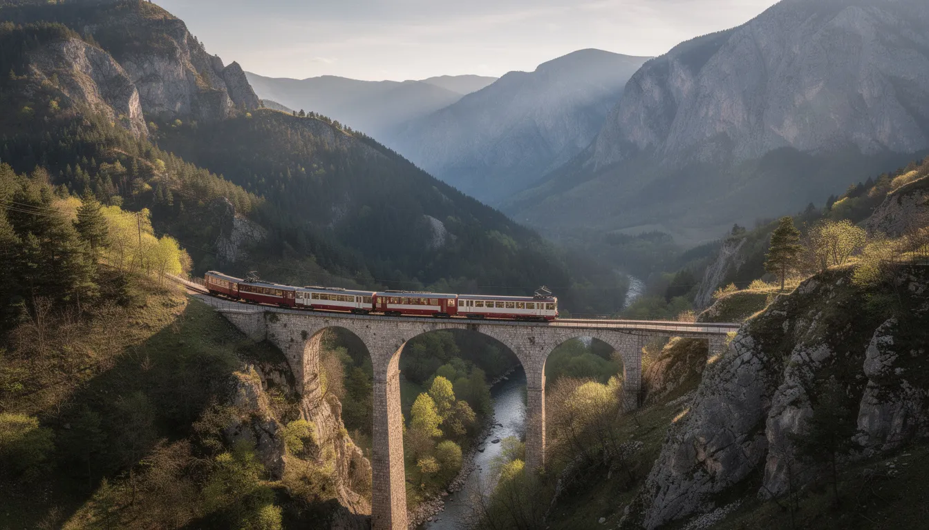 Trains in North Macedonia The image depicts a scenic view of a train crossing a bridge amidst the mountainous terrain of the Balkans, showcasing the well-developed railroad system of North Macedonia. This picturesque landscape highlights the connection between intercity trains and the stunning natural beauty of the region.