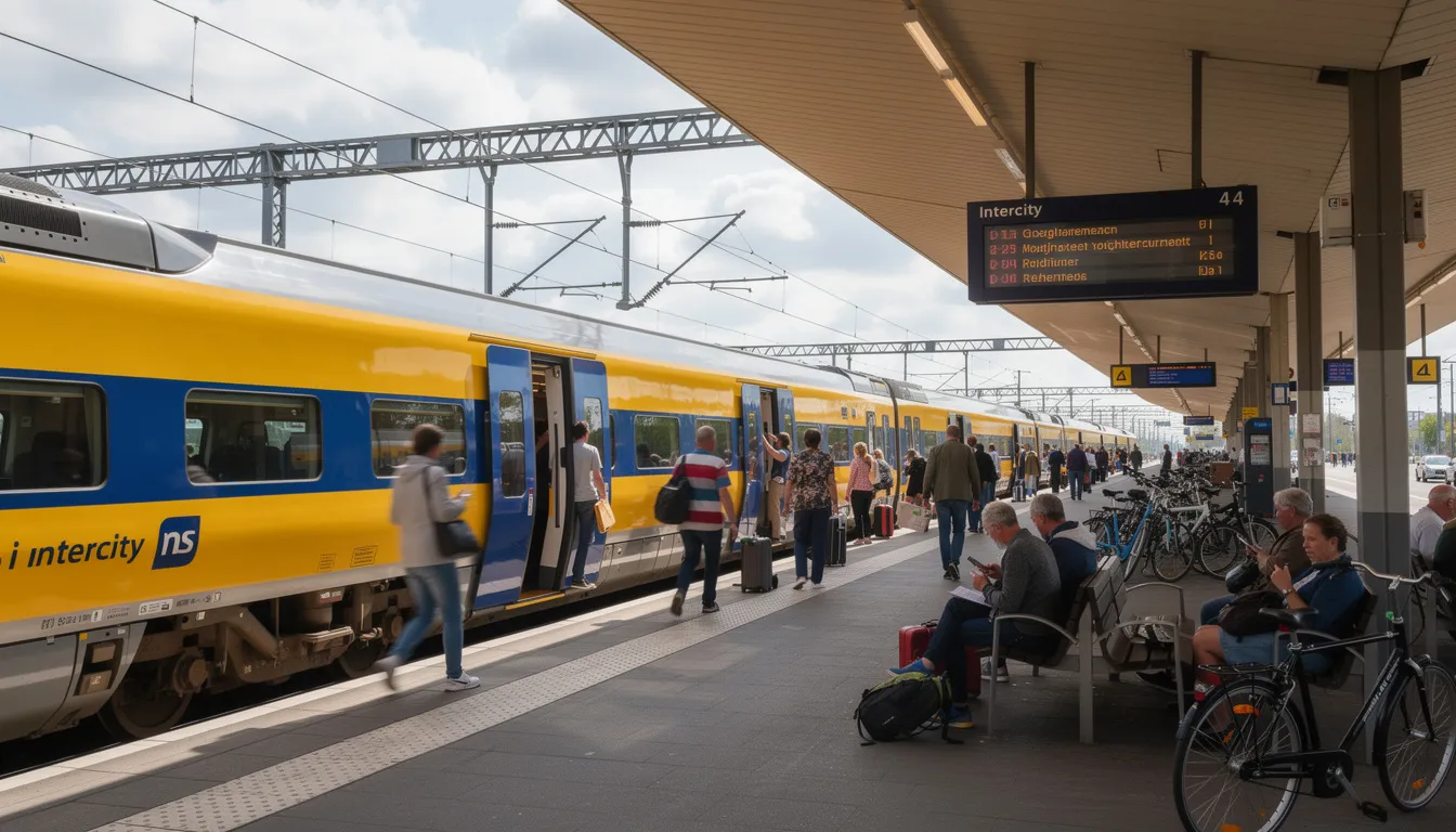 Trains in Netherlands A modern Dutch intercity train is seen at a busy railway platform, where passengers are boarding and disembarking. The scene captures the vibrant atmosphere of the Dutch rail network, highlighting the convenience of public transport in major cities like Amsterdam and Rotterdam.