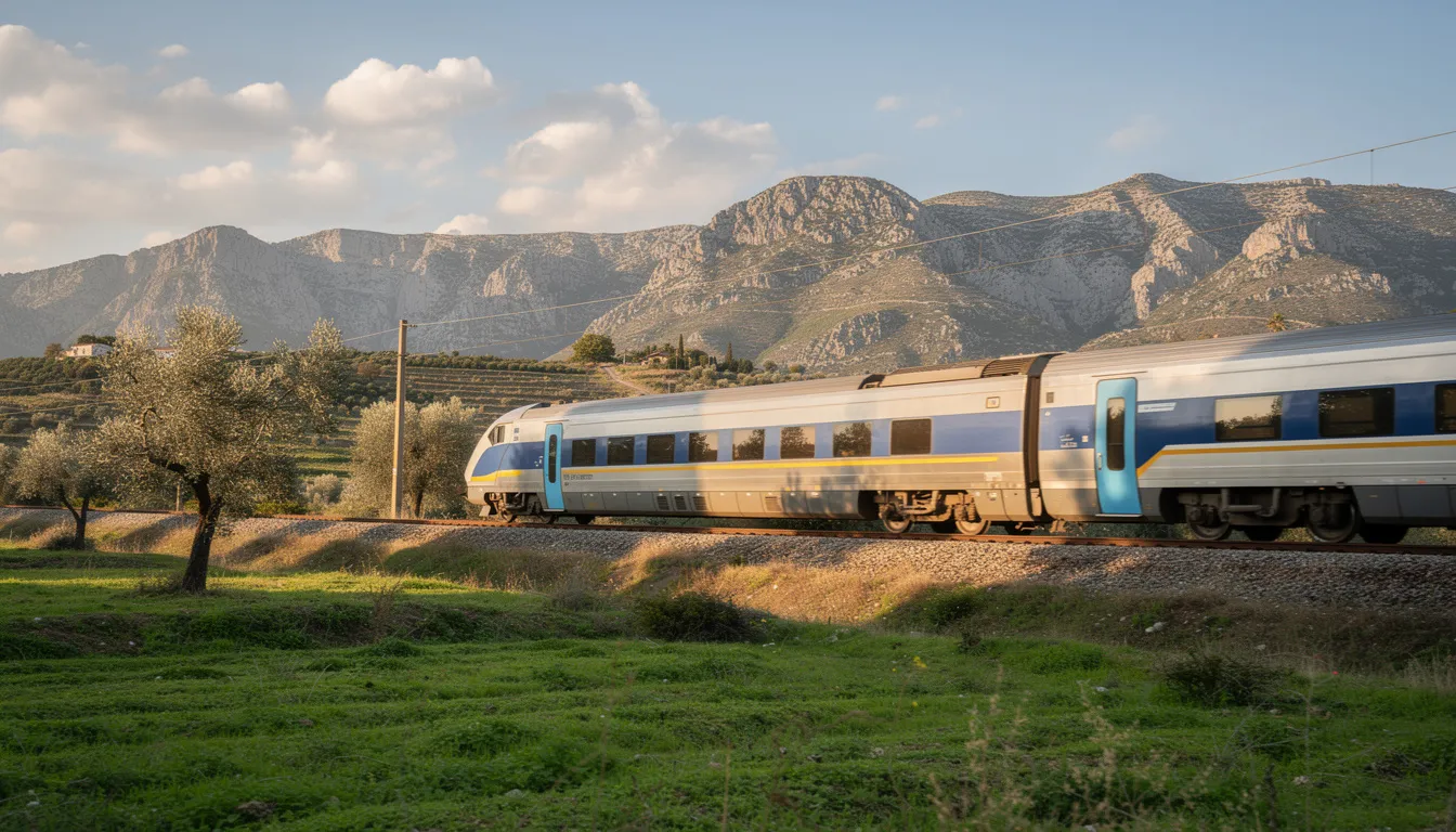 Trains in Greece A modern Greek intercity train is seen passing through the scenic countryside, with majestic mountains in the background, showcasing the beauty of the Greek railway system. This image captures the essence of domestic scenic trains in Greece, highlighting the picturesque landscapes along the train lines.