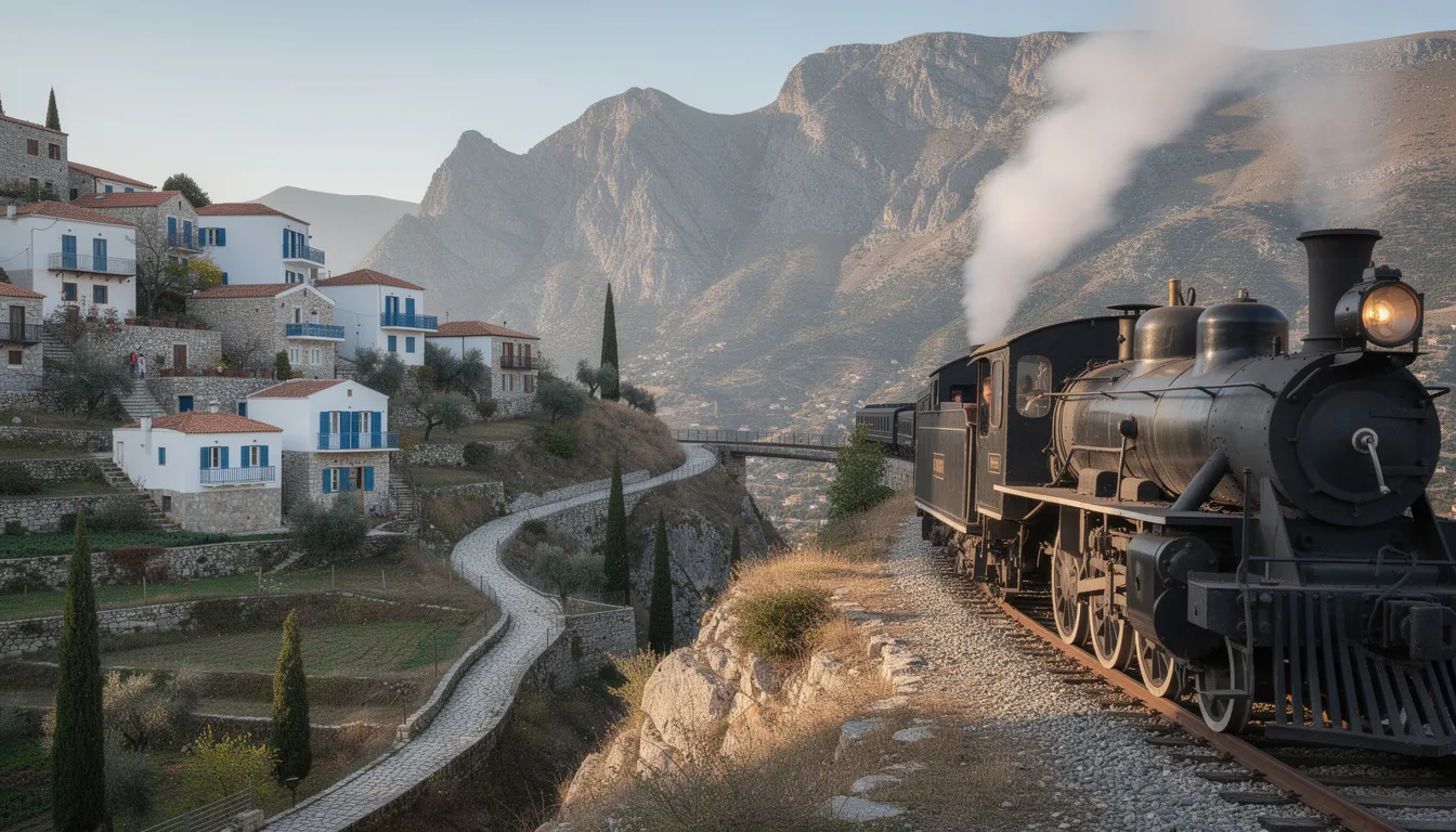 Trains in Greece A historic steam train travels through a picturesque mountain landscape in Greece, with traditional Greek villages nestled among the hills. The scene captures the charm of the Greek railway system, showcasing the beauty of domestic scenic trains as they journey through this stunning terrain.