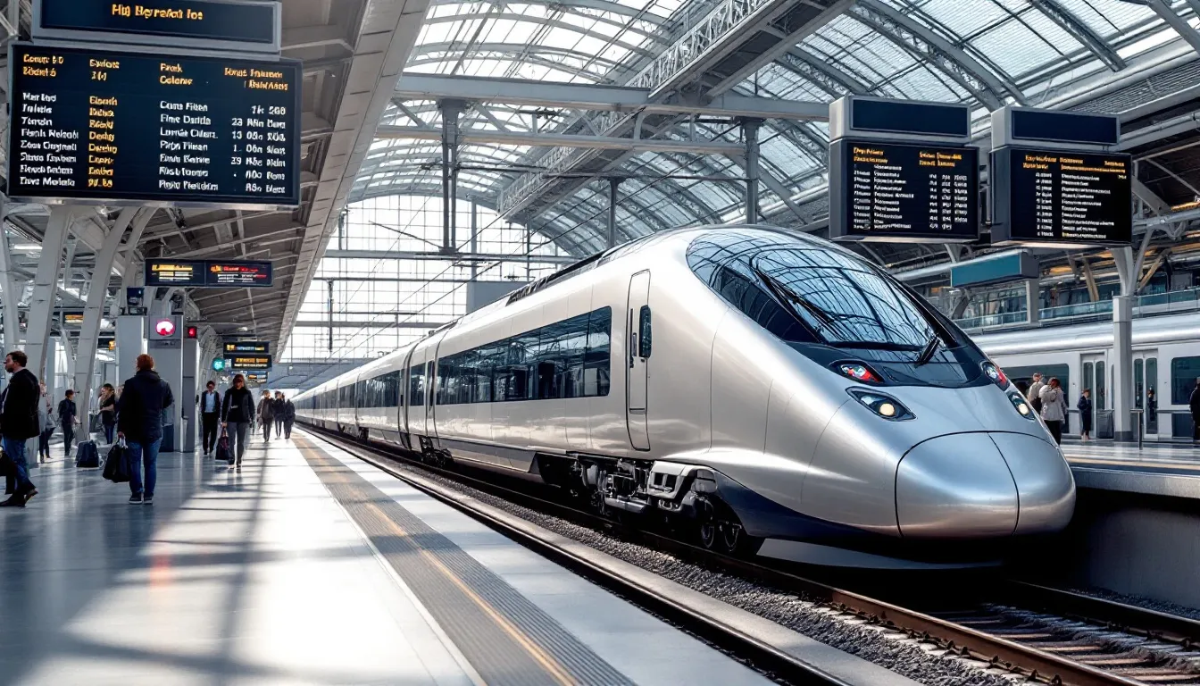 Interrail Passes A modern high-speed train is stationed at a bustling European railway station, with departure boards displaying various train schedules. Passengers can plan their journeys using interrail passes for unlimited train travel across multiple countries.