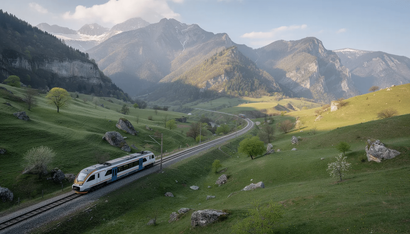 Interrail i Bulgarien Ett tåg färdas genom det pittoreska bulgariska bergslandskapet, omgivet av frodiga gröna dalar och de majestätiska Rilabergen i bakgrunden. Den här bilden fångar essensen av obegränsade tågresor i Bulgarien, perfekt för dem som utforskar landets vackra landskap med ett Interrailkort.