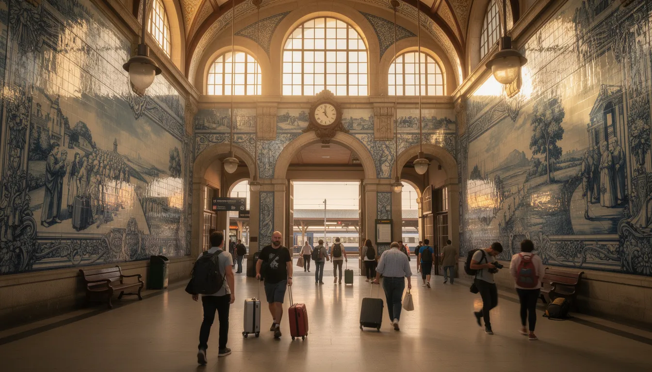 Interrail in Portugal The image depicts a historic Portuguese train station adorned with ornate blue and white tiles, bustling with travelers walking through its grand entrance. This stunning architecture reflects the charm of Portugal, making it a perfect starting point for those exploring the country with an interrail pass.