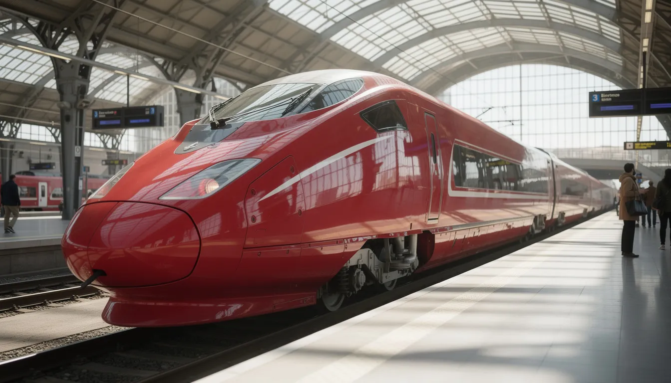 Seat reservation Eurail: how, when and where to book (without overpaying) A sleek red Italian high-speed train is positioned at a platform beneath a modern glass roof station, ready for passengers to board. This train offers a comfortable journey across popular routes in Europe, making it ideal for those with an Eurail pass who want to reserve a seat in advance.