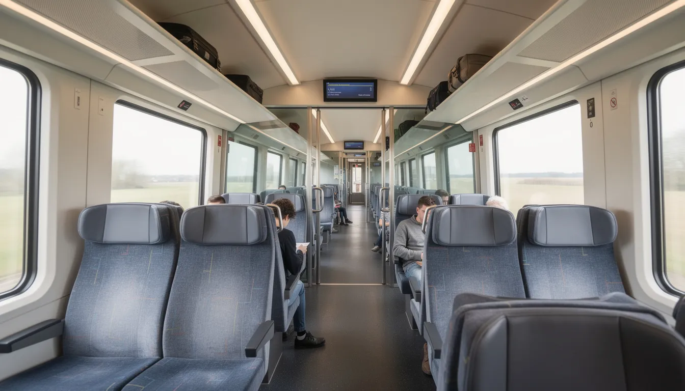 Trains in Belgium The interior of a modern Belgian intercity train features comfortable seating with ample legroom, designed for a pleasant travel experience. This train is part of Belgium's extensive train network, offering easy connections to major cities like Brussels and Antwerp, and is ideal for making multiple train journeys across the country and neighboring regions.