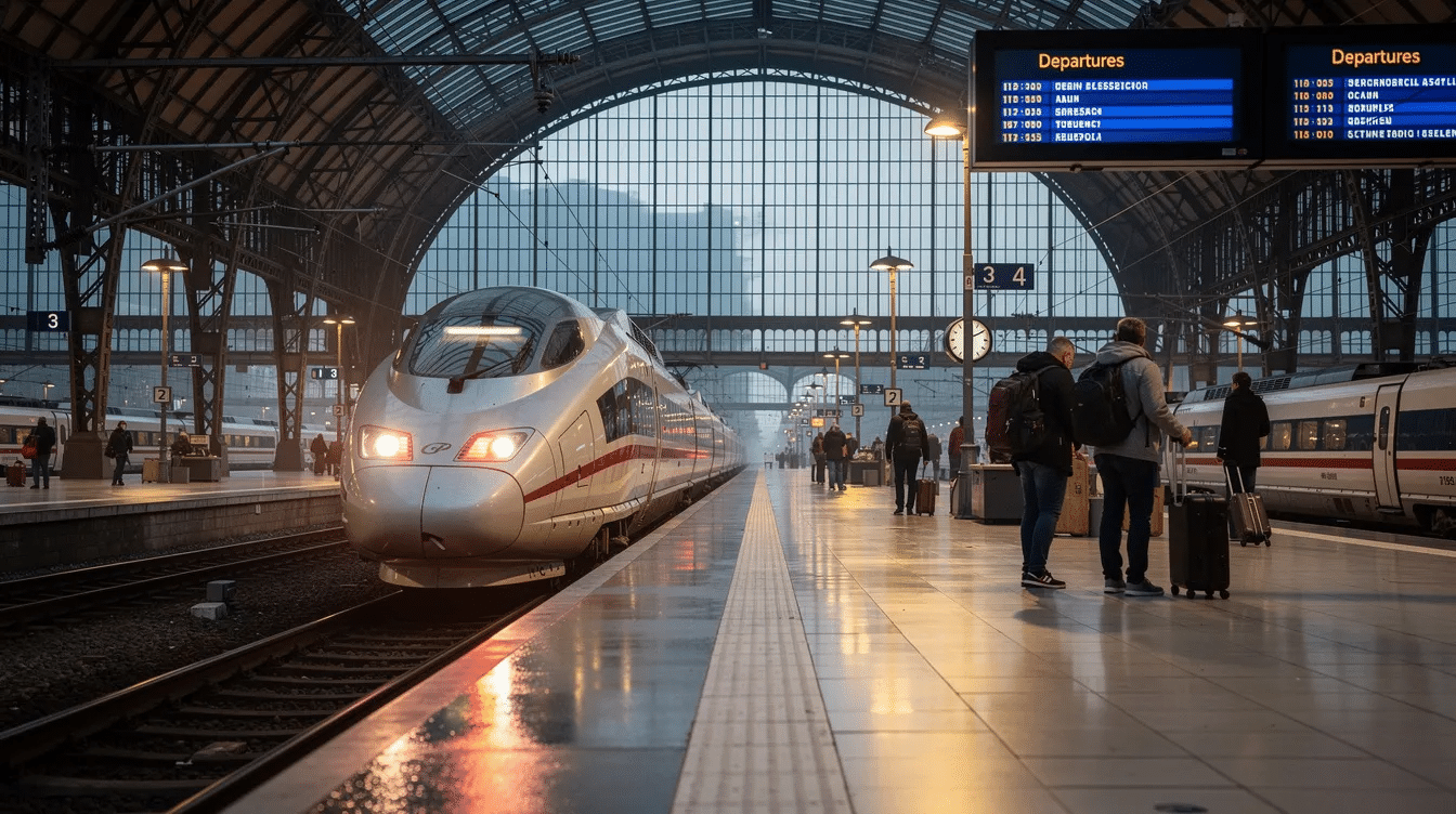 Interrail i Tjeckien Ett modernt höghastighetståg anländer till en trafikerad europeisk järnvägsstation där resenärer förbereder sig för sina tågresor till städer som Prag, Wien och Berlin.