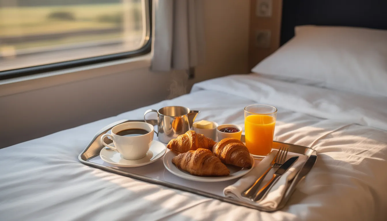 Night Trains: Your Complete Guide to Overnight Rail Travel in Europe A continental breakfast tray is elegantly arranged in a cozy train sleeper compartment, featuring steaming coffee and an assortment of pastries, perfect for passengers enjoying their morning meal during night train travel across Europe. The warm ambiance and comfortable setting invite travellers to relax and savor their journey to their next destination.