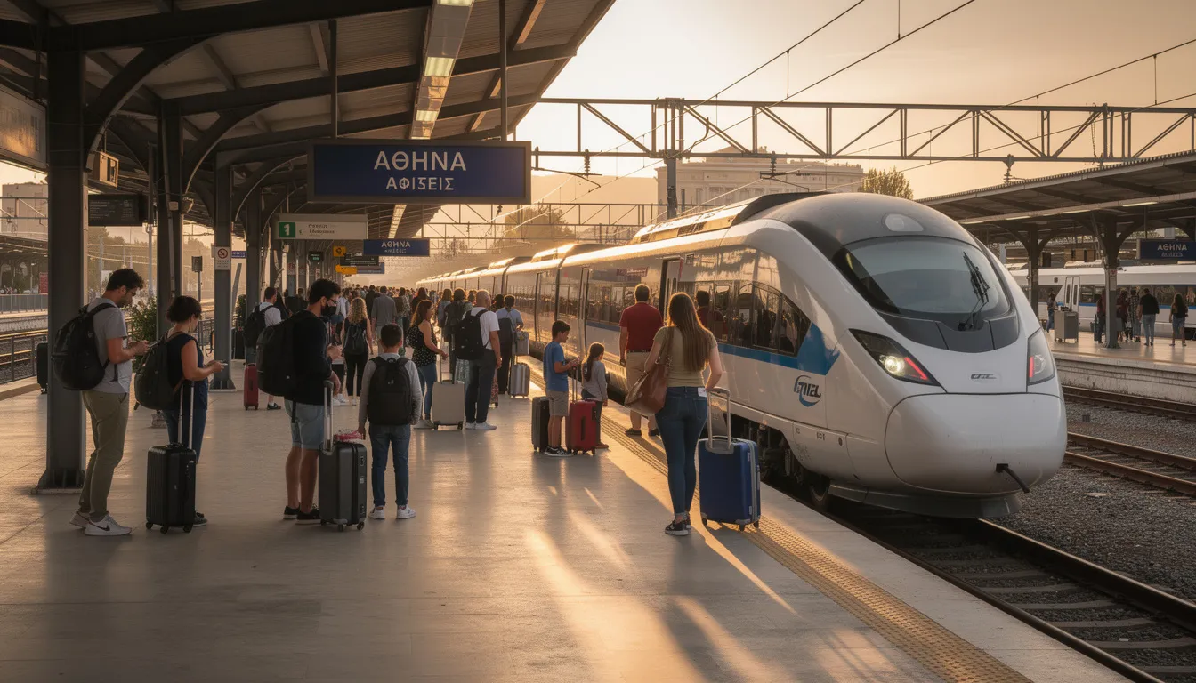 Trains in Greece A modern intercity train is arriving at a major Greek central railway station, where passengers are boarding and preparing for their journey. The scene captures the hustle and bustle of public transportation in Greece, highlighting the importance of the Greek railway system for connecting major urban centers.