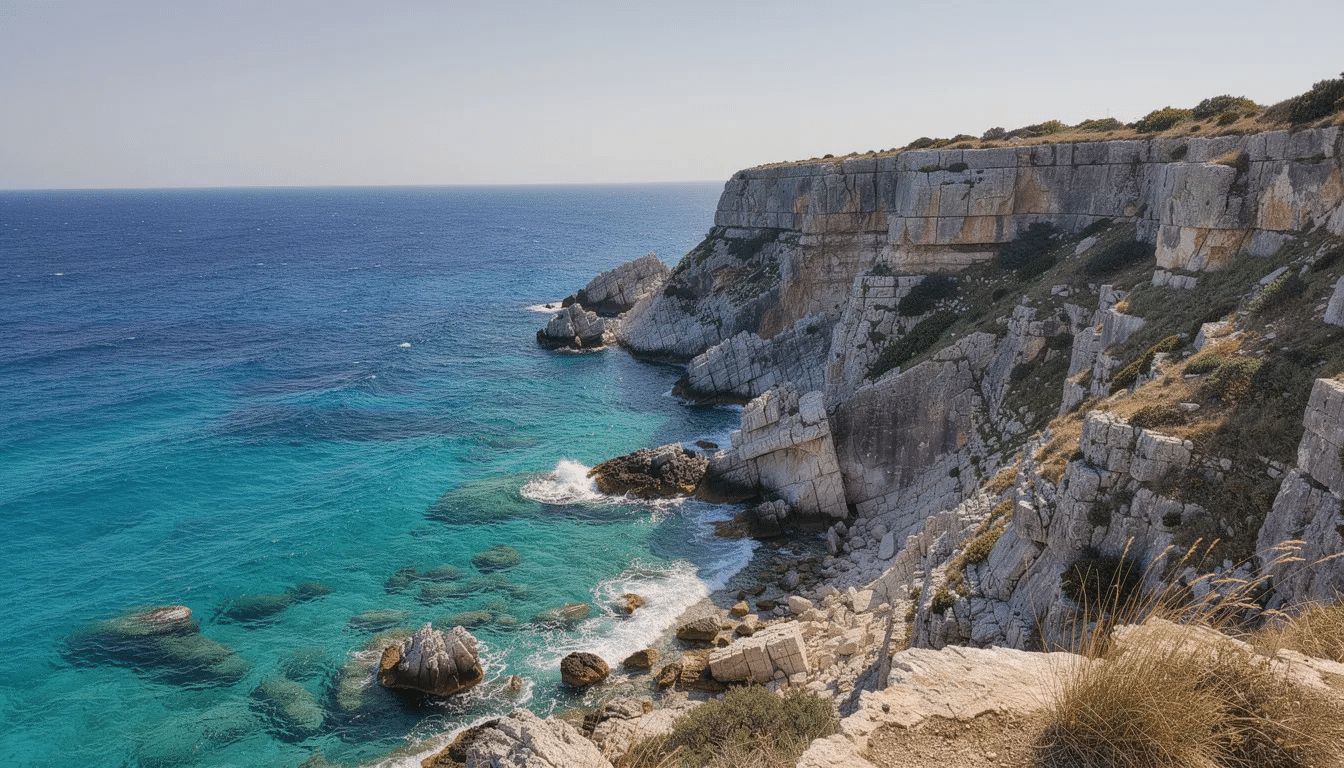 Interrail in Croatia The image showcases the breathtaking Adriatic coastline of Croatia, featuring vibrant turquoise waters lapping against rugged rocky cliffs under a clear blue sky. This stunning natural beauty is a highlight for travelers exploring Croatia's coast, perfect for those using an interrail pass to visit its famous towns and islands.