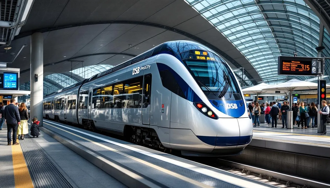Trains in Denmark A modern DSB InterCity train is stationed at Copenhagen Central Station, showcasing the sleek design typical of Danish trains. The bustling train station serves as a hub for regional and long-distance train journeys, connecting passengers to various Danish cities and beyond.