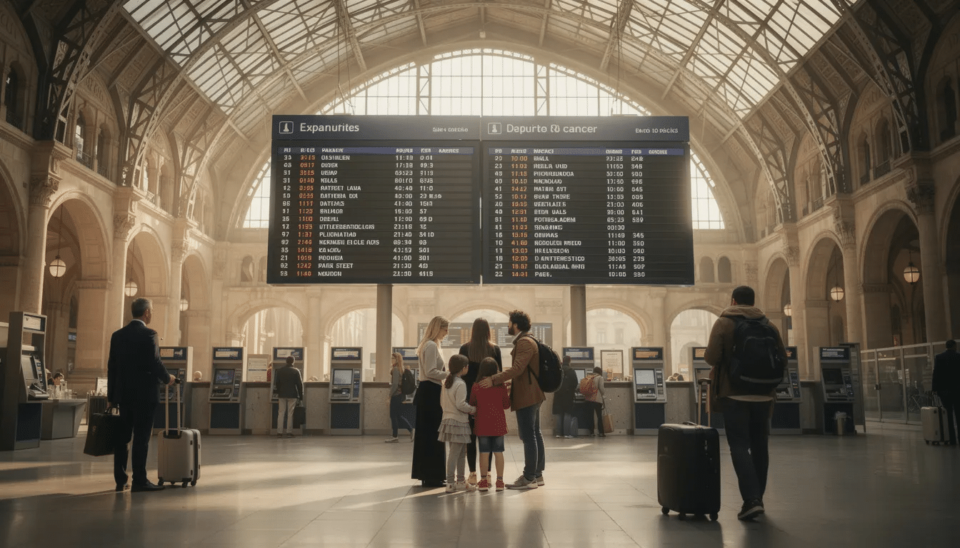 Interrail i Litauen Bilden visar det livliga interiören på en europeisk tågstation, där resenärer noga kollar avgångstavlor för sina tåg. Scenen återspeglar spänningen i ett Interrail-äventyr, eftersom folk planerar sina resor till olika destinationer, inklusive städer som Vilnius och Kaunas i Litauen.