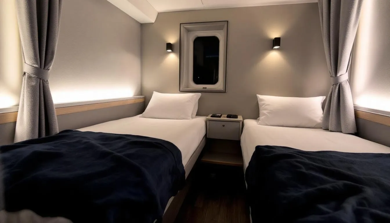 Trains in Sweden The image depicts a cozy night train sleeping compartment featuring comfortable beds and a window, perfect for travelers embarking on journeys across Sweden's rail routes. This serene setting offers a glimpse of the modern amenities provided by SJ trains, making it an ideal choice for those exploring major Swedish cities or enjoying train travel under the midnight sun.