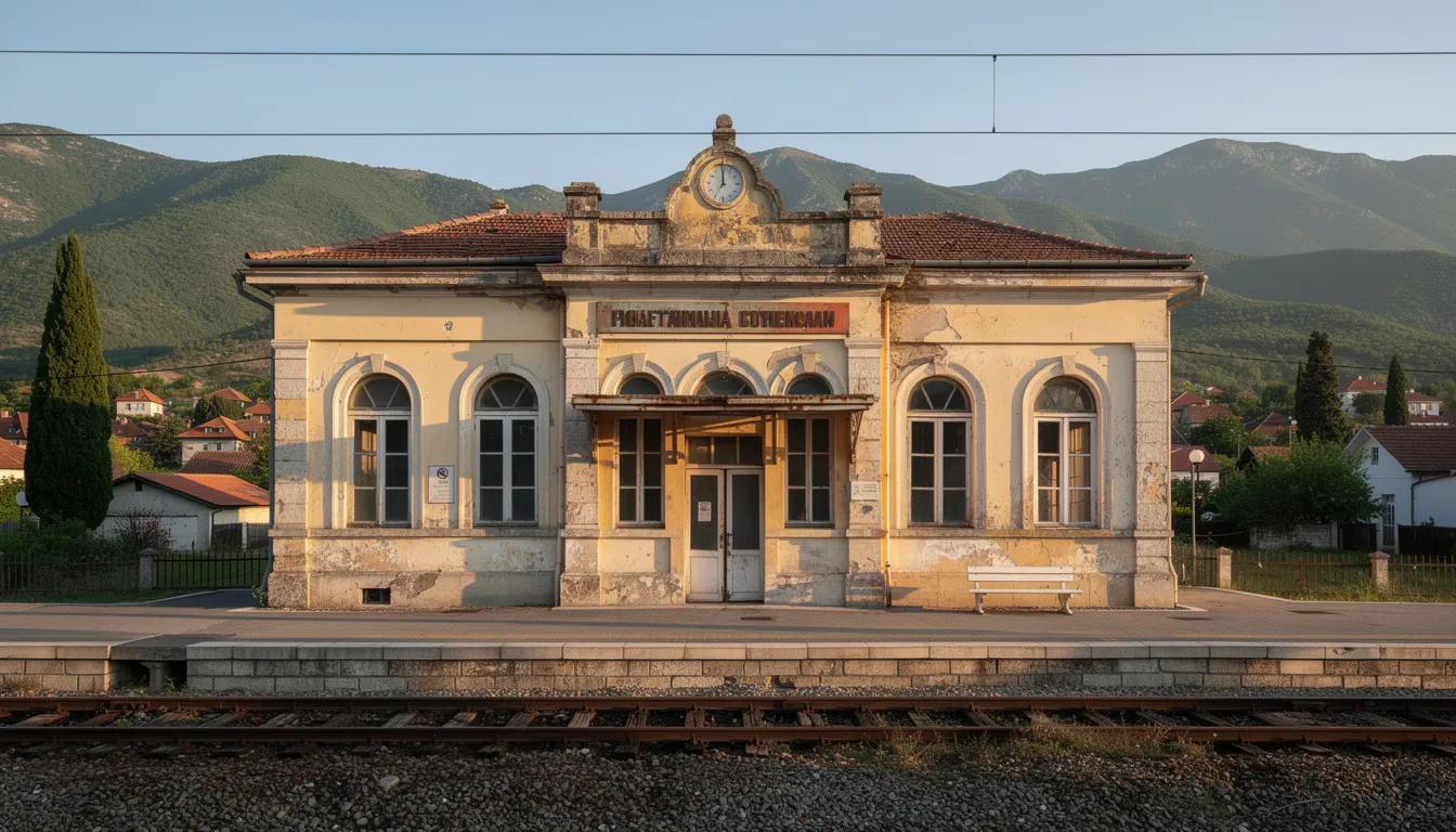 Trains in North Macedonia The image depicts an old railway station building showcasing classical architecture, set against a picturesque Balkan backdrop. This station, part of North Macedonia's well-developed railroad system, serves as a hub for international trains and domestic lines, connecting cities like Kumanovo and Skopje.
