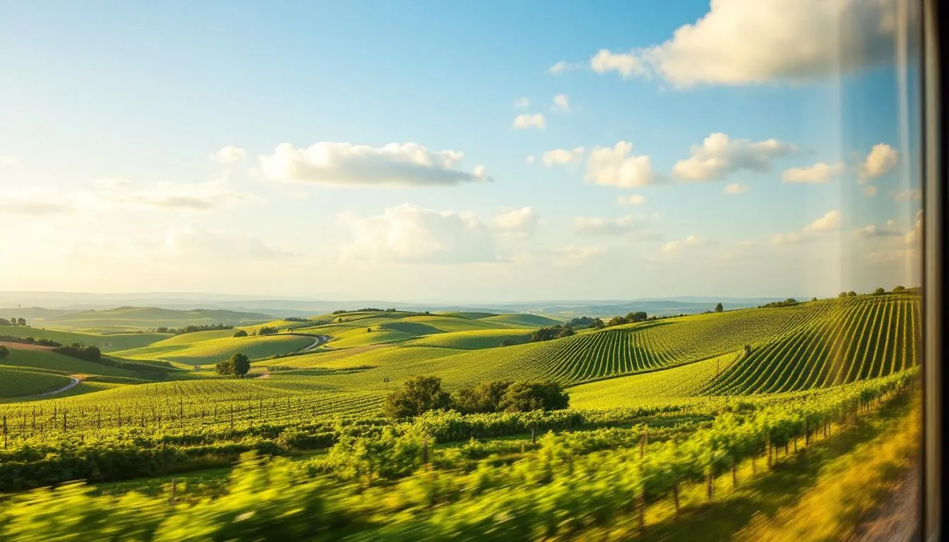 Trains in Portugal A scenic view from a train window showcases the picturesque Portuguese countryside, featuring rolling hills adorned with lush vineyards. This tranquil landscape is part of the train journey on regional trains, offering travelers a glimpse of the beauty that Portugal has to offer.