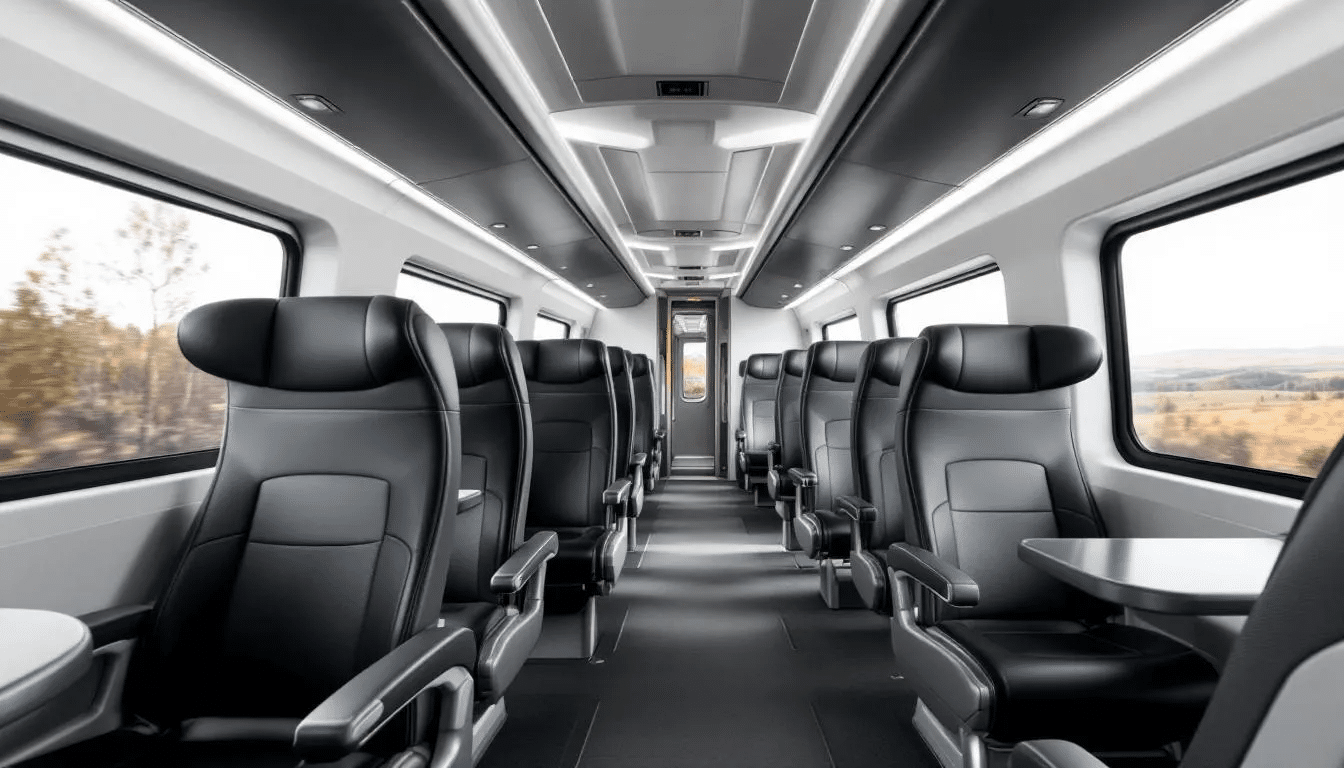 Trains in Croatia The interior of a modern Croatian InterCity train features spacious and comfortable passenger seating, designed for a pleasant travel experience on international train routes. This setting reflects the contemporary railway infrastructure in Croatia, connecting major cities like Zagreb and Split.