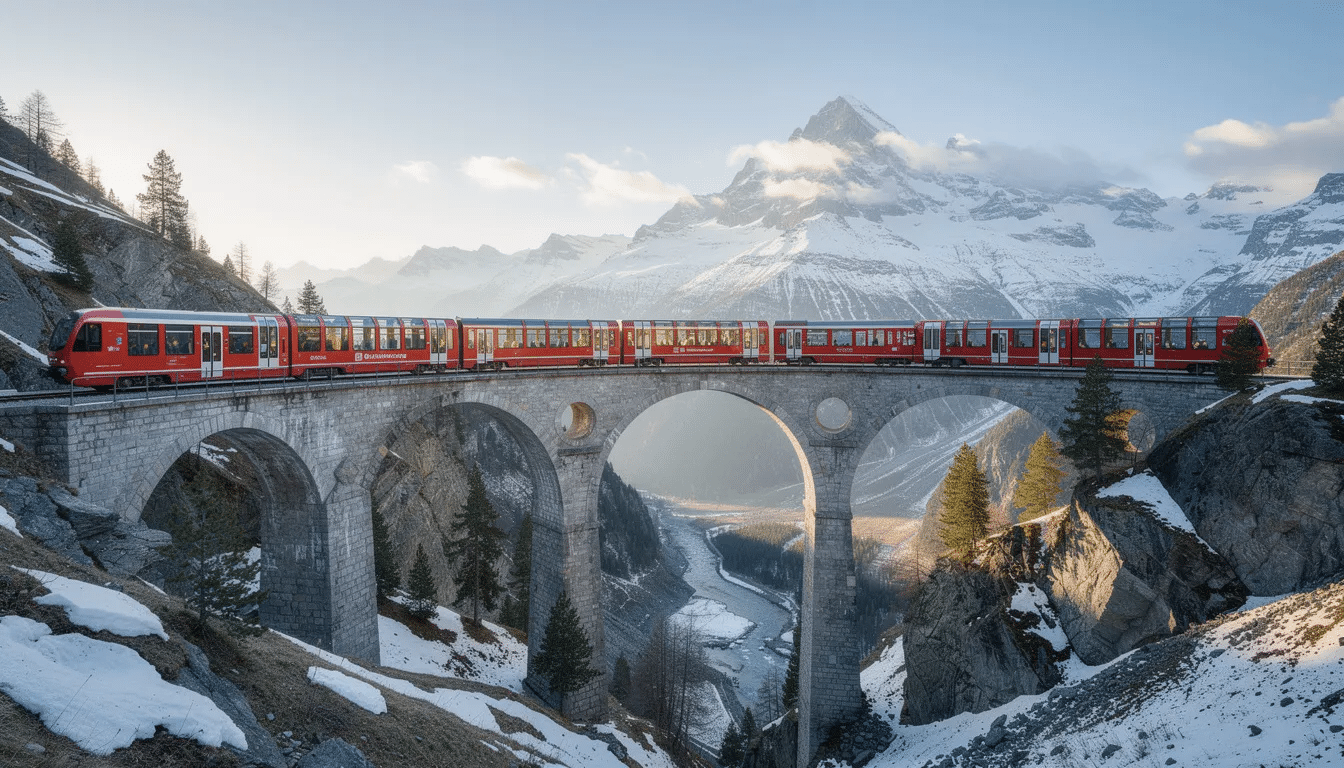 Europe by train A panoramic view of a vibrant train crossing a majestic stone viaduct in the Swiss Alps, with stunning snow-capped mountains in the background, showcasing the breathtaking scenery of European train travel. This image captures the essence of a scenic train trip through one of the most beautiful landscapes in Europe.