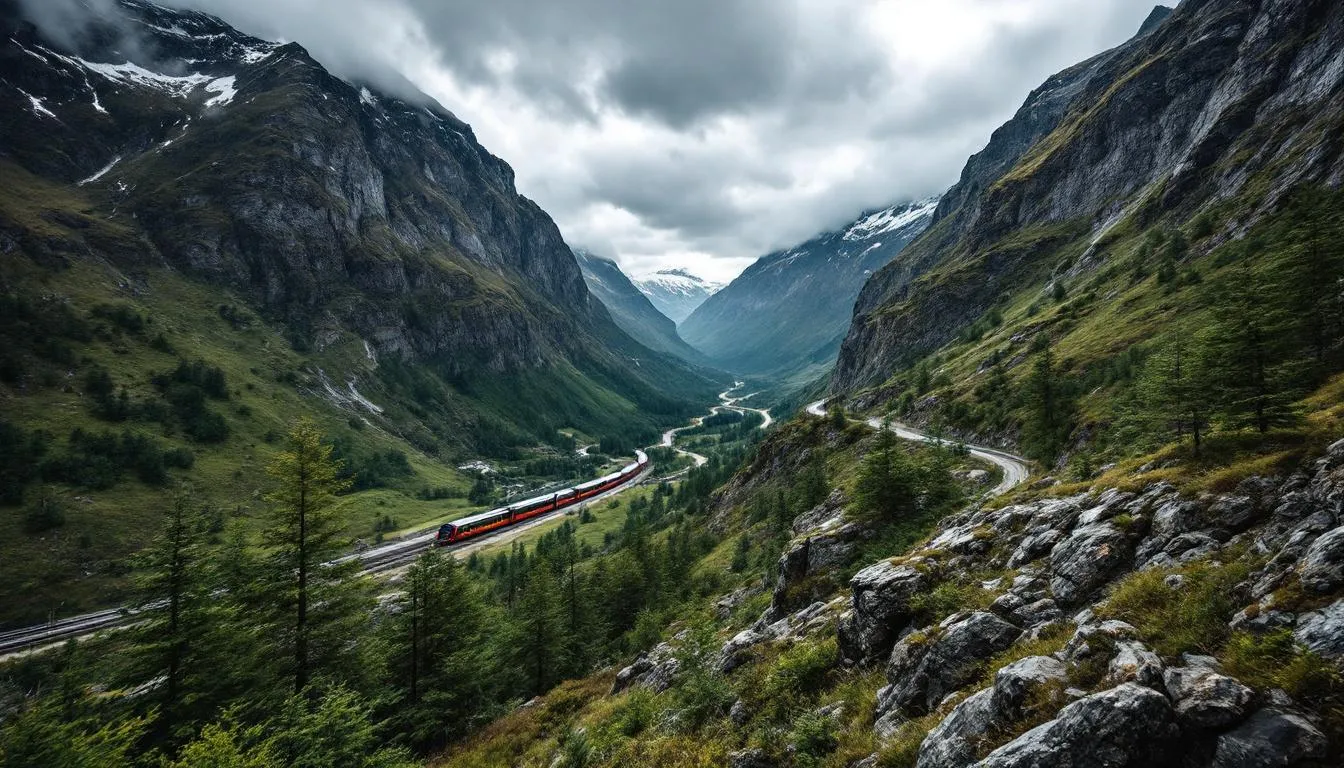 Trains in Norway The image captures a dramatic view of the Flåm Line railway as it gracefully descends through steep mountain terrain, showcasing the stunning landscapes of Norway. This picturesque route is part of the Norwegian railway system, offering travelers breathtaking vistas and an unforgettable rail journey through the heart of the country.