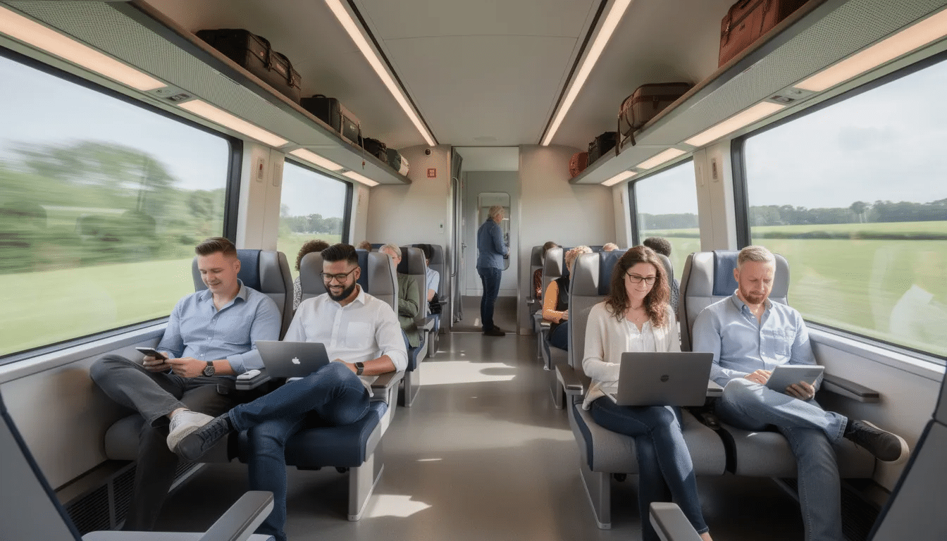 Europe by train The image depicts the interior of a modern European train car, featuring comfortable seats occupied by passengers enjoying their train trip. Large windows provide views of the stunning landscapes outside, highlighting the convenience and comfort of train travel in Europe.